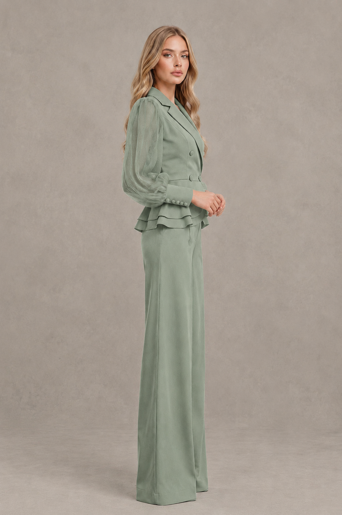 BOLODOO Mint Sage Green Peplum Blazer Wide-Leg Pantsuit with Sheer Puff Sleeves - Sage Green