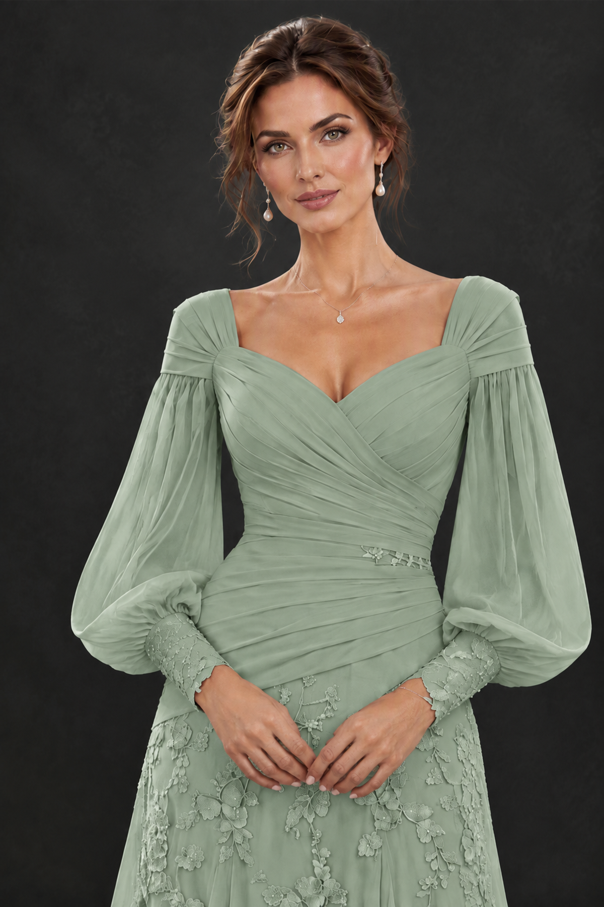 BOLODOO Sage Green Long Sleeve Mother of the Bride Dress with Floral Appliqués - Sage Green - Sage Green (5)