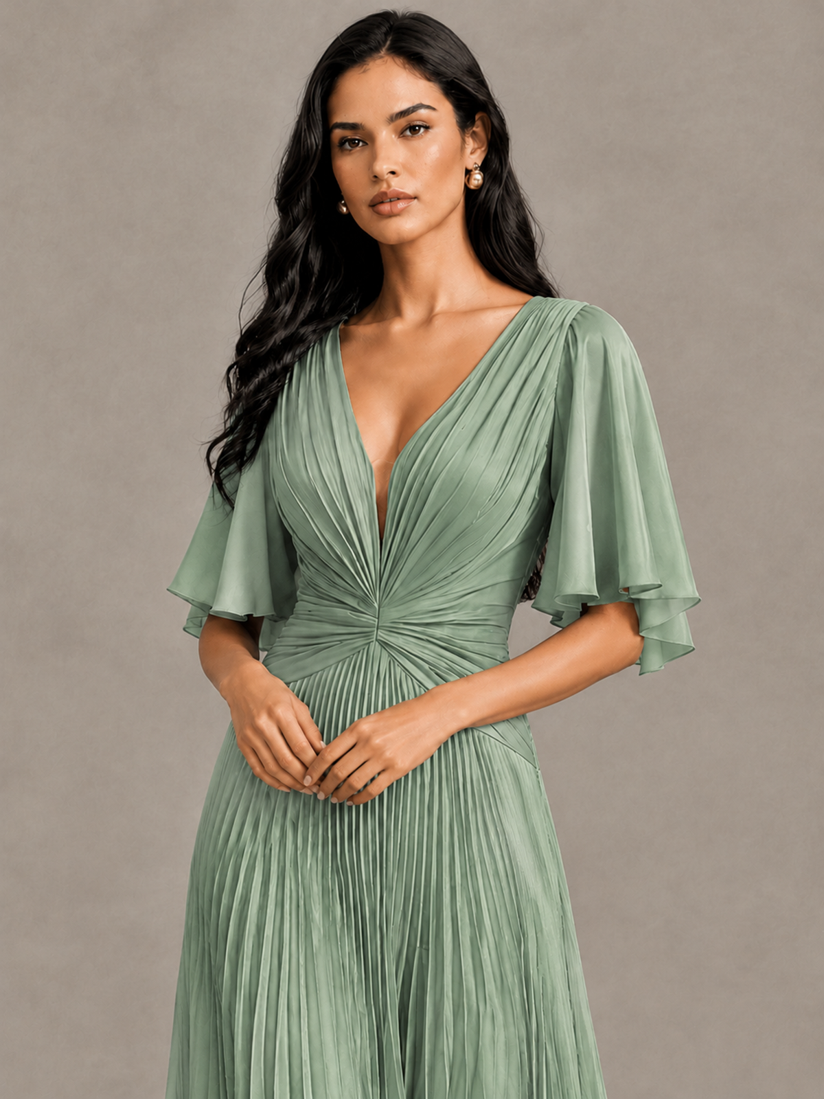 BOLODOO Sage Green Pleated V-Neck Flutter Sleeve Bridesmaid Dress - Sage Green - Sage Green (5)
