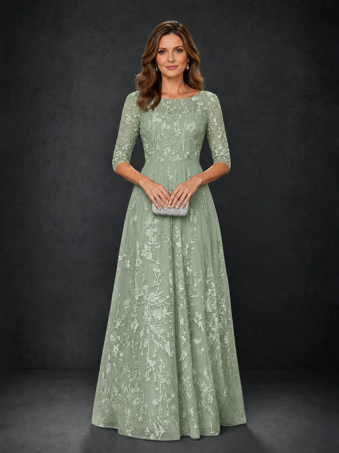 BOLODOO Sage Green Illusion Bateau Neck 3/4 Sleeve Floral Lace A-Line Mother of the Bride Dress MX007 - Sage Green