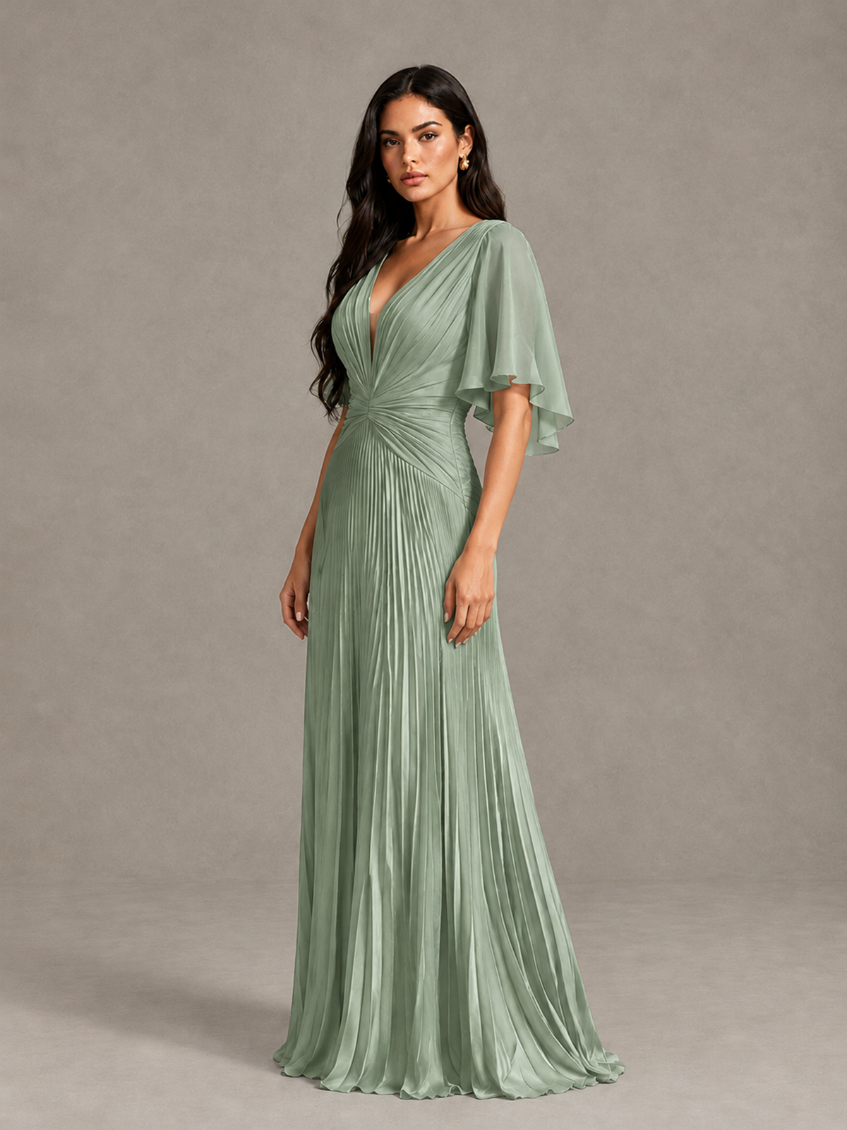 BOLODOO Sage Green Pleated V-Neck Flutter Sleeve Bridesmaid Dress - Sage Green - Sage Green (5)