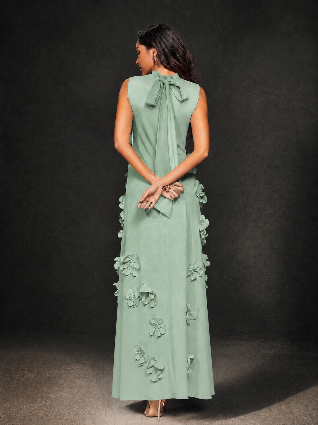BOLODOO Sage Green Mock Neck Sleeveless 3D Floral Appliqué Maxi Dress with Bow Back - Sage Green