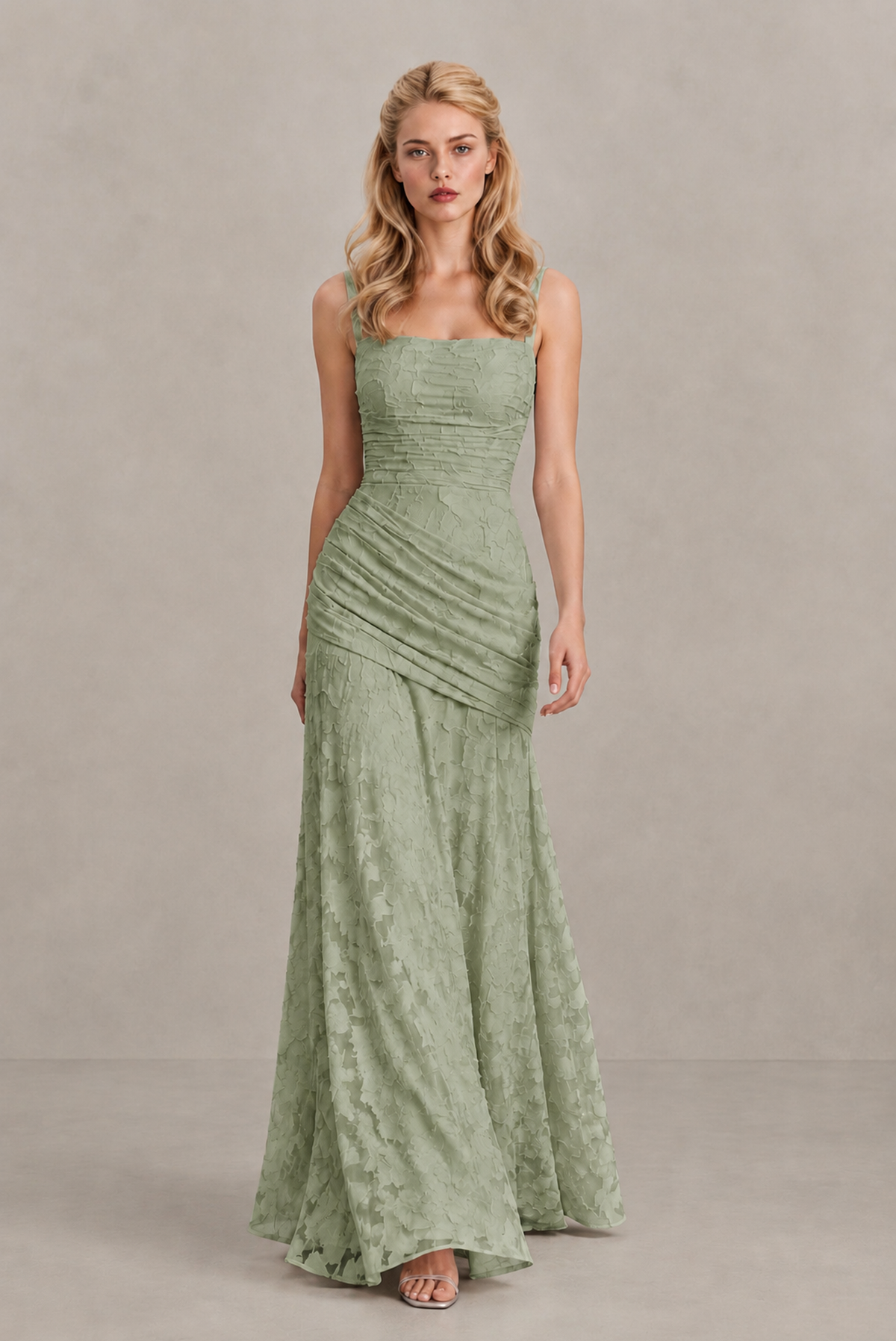 BOLODOO Sage Green Ruched Floral Maxi Dress with Lace-Up Back - Sage Green