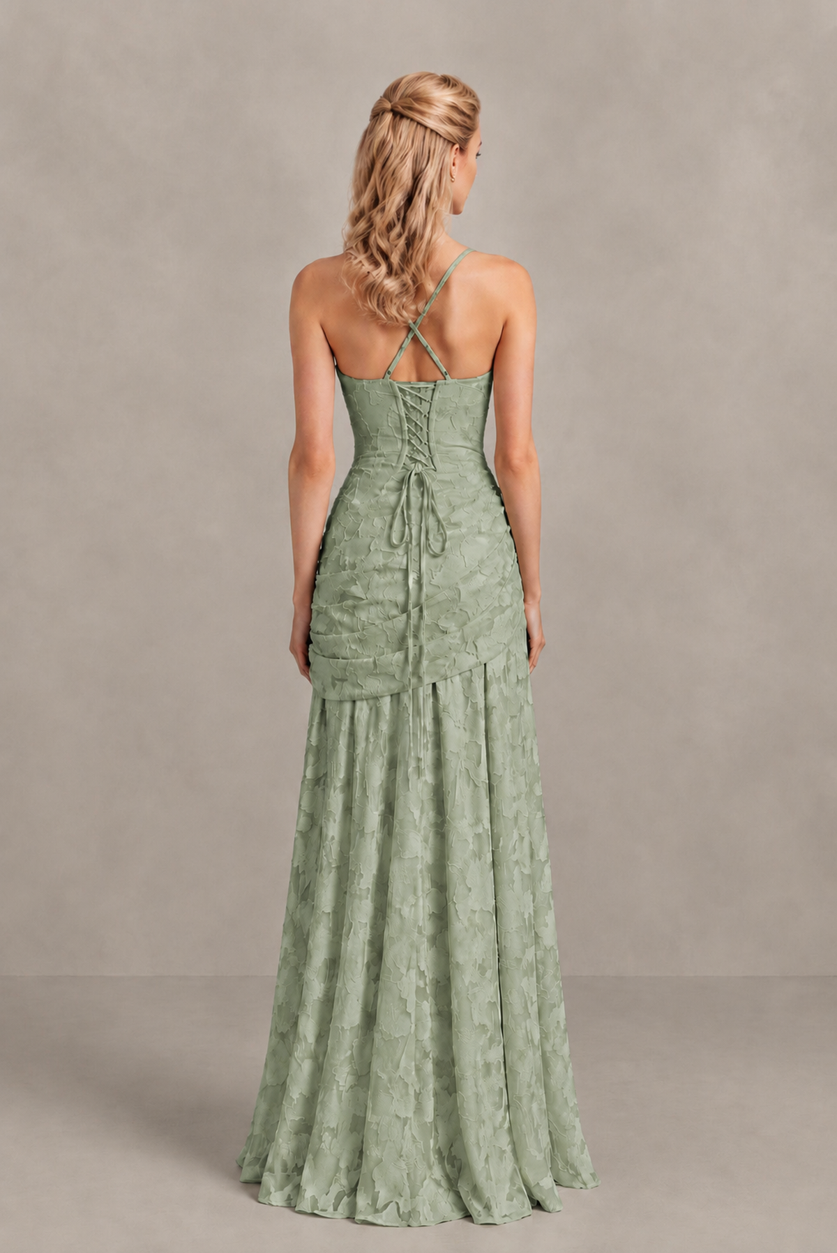 BOLODOO Sage Green Ruched Floral Maxi Dress with Lace-Up Back - Sage Green