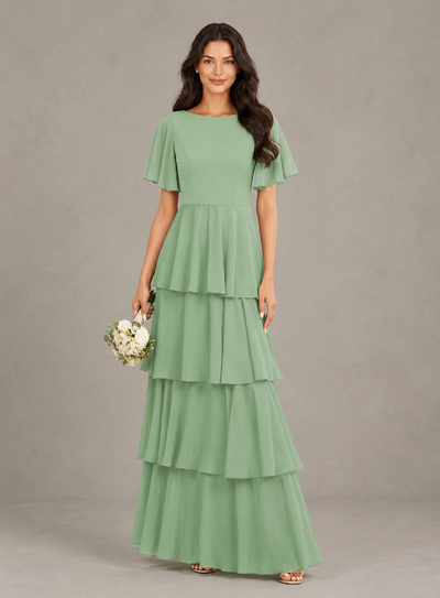 BOLODOO Sage Green Tiered Flutter Sleeve Bridesmaid Dress 