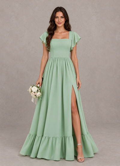 BOLODOO Sage Green Square Neck Flutter Sleeve Bridesmaid Dress with Slit 