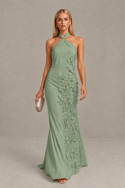 BOLODOO Sage Green Cross Halter Neck 3D Floral Appliqué Backless Mermaid Maxi Gown 