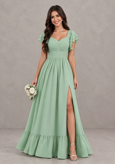 BOLODOO Sage Green Flutter Sleeve Bridesmaid Dress with Slit 