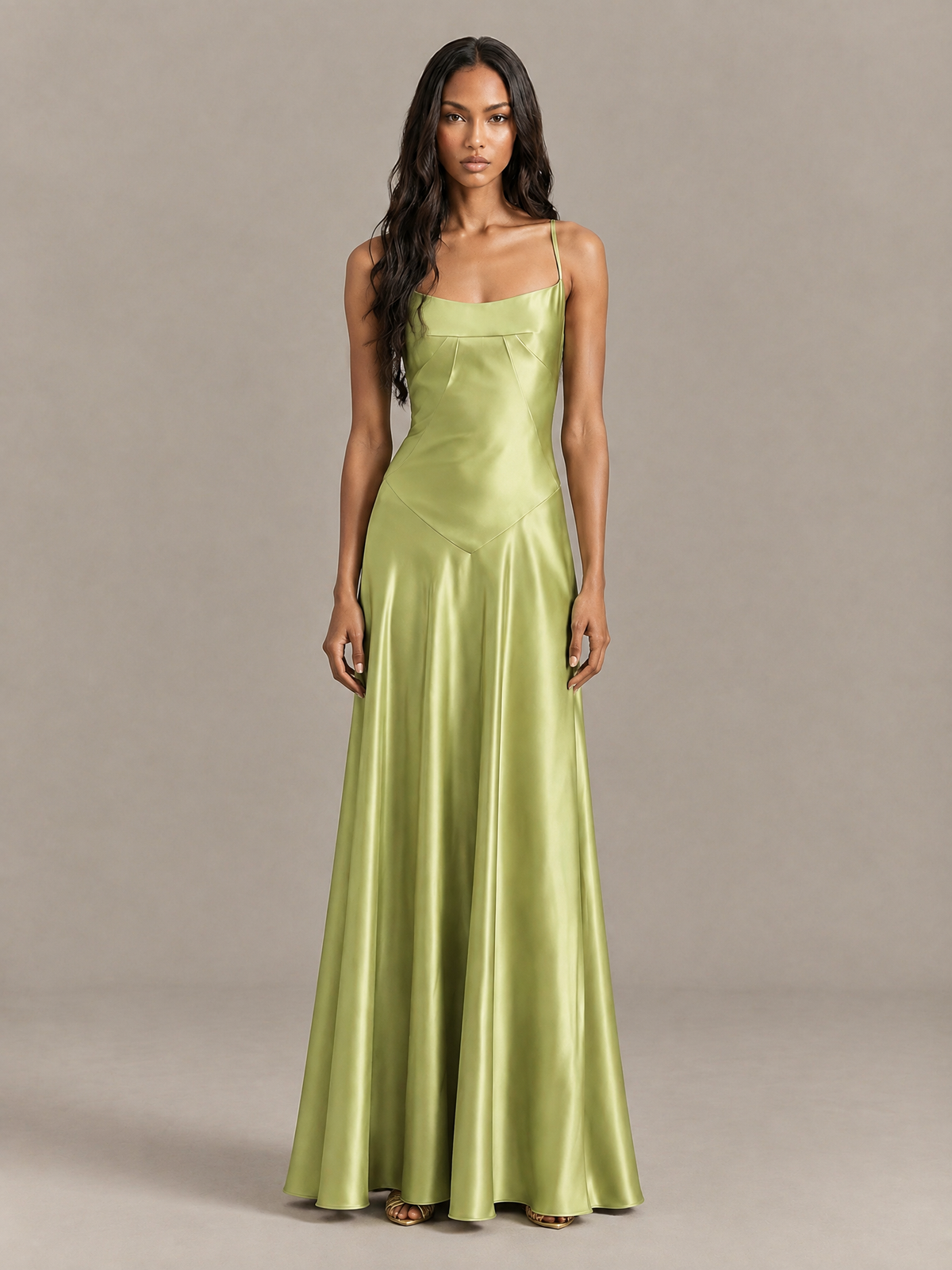BOLODOO sage green spaghetti-strap maxi dress with lace-up open back and floor-length skirt, back view
