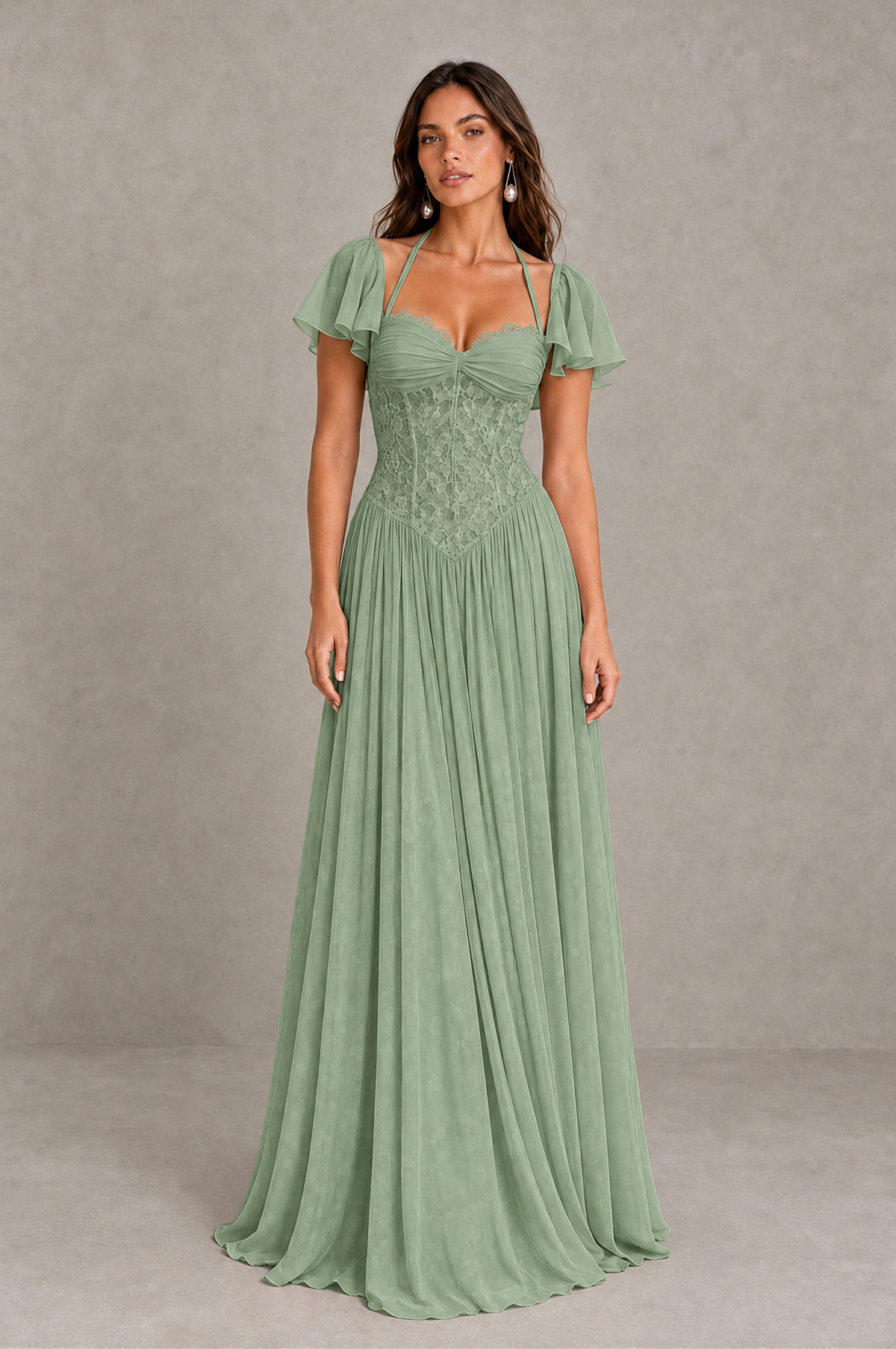 BOLODOO Sage Green Flutter Sleeve Lace Corset A-Line Maxi Dress 