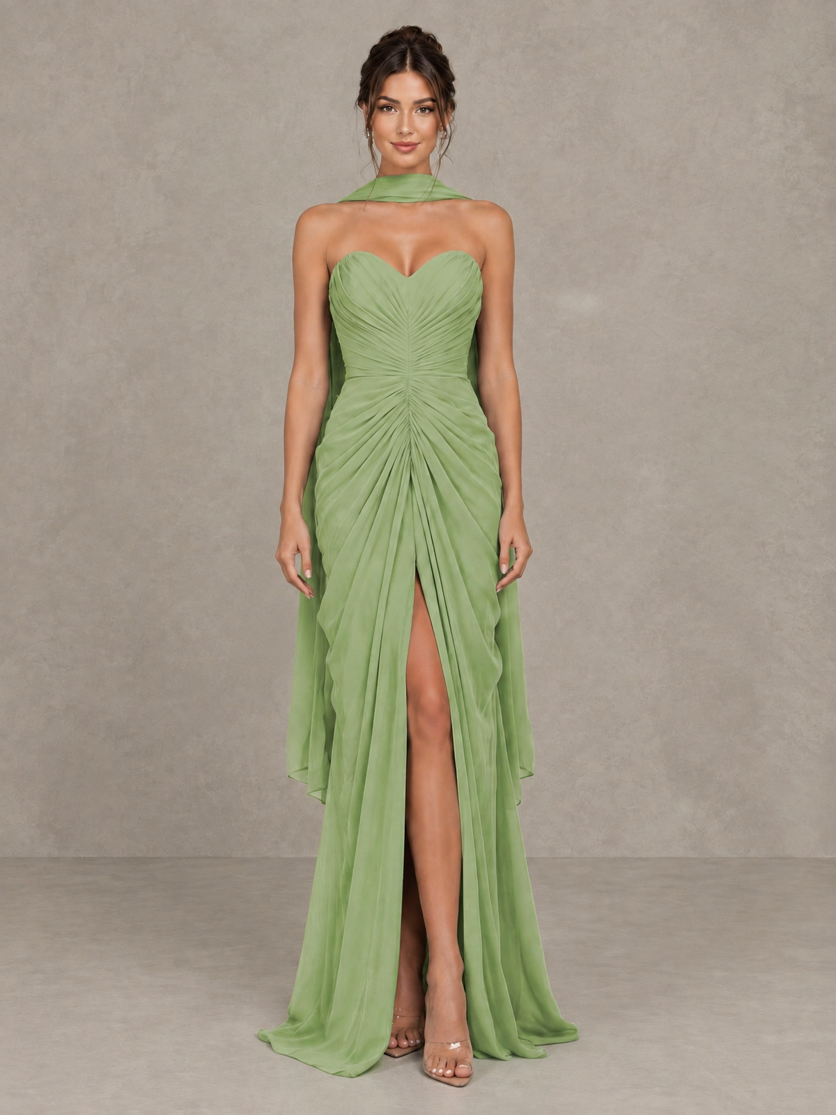 BOLODOO sage green sleeveless formal gown with draped bodice and floor-length slit skirt, front view