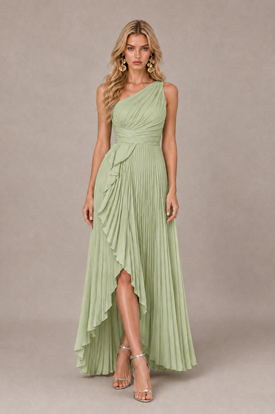 BOLODOO Sage Green One-Shoulder High-Low Ruffle Maxi Dress 
