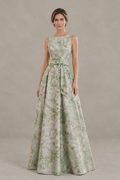 BOLODOO XX047 sage green floral sleeveless A-line mother of the bride dress with waist bow, front view