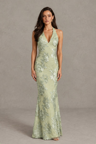 BOLODOO sage green floral halter formal gown three-quarter front view