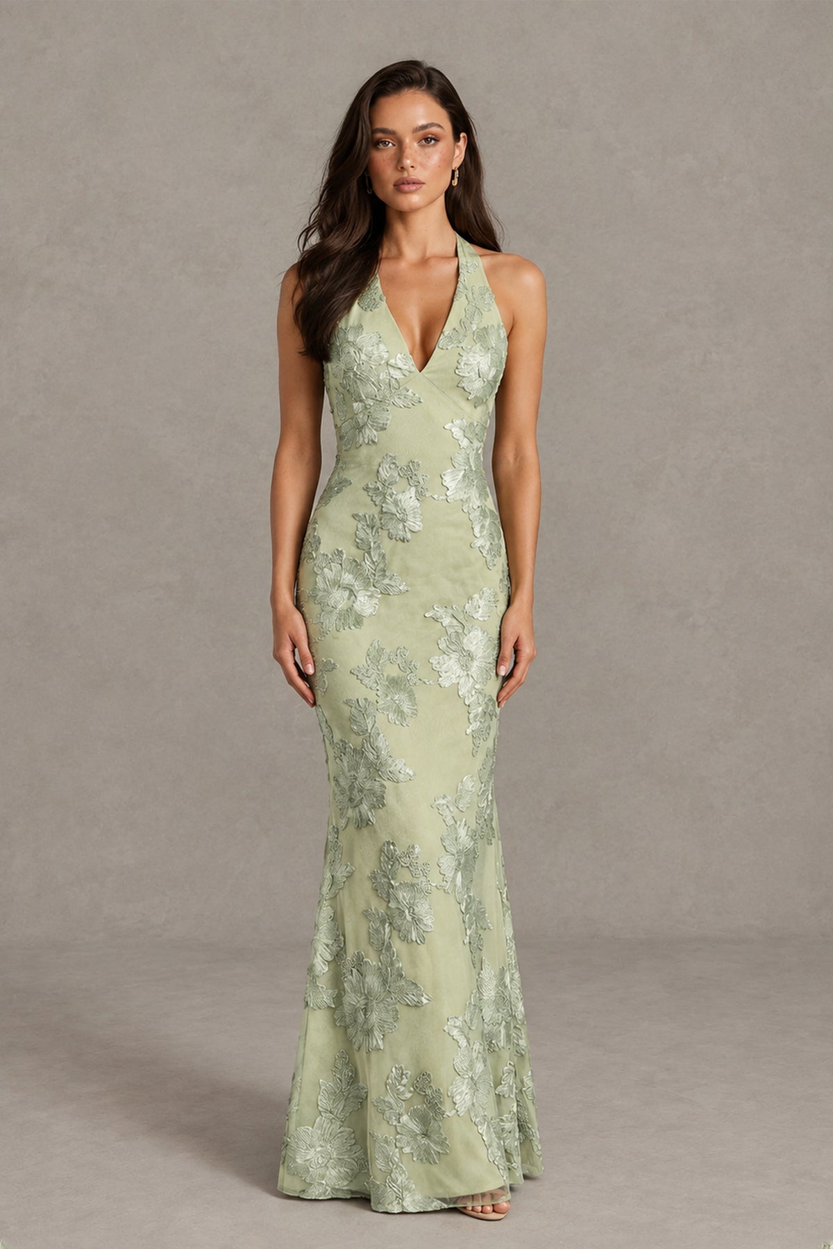 BOLODOO sage green floral halter formal gown three-quarter front view