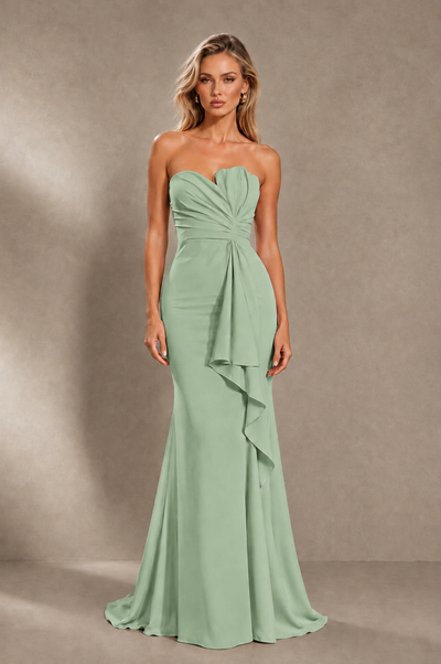 BOLODOO Sage Green Strapless Sweetheart Ruched Mermaid Gown | Cascade Drape Formal Evening Dress 