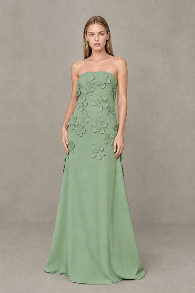 BOLODOO Sage Green Strapless 3D Floral Appliqué Crepe Maxi Gown 