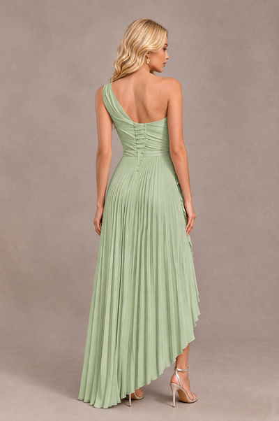 BOLODOO Sage Green One-Shoulder High-Low Ruffle Maxi Dress 
