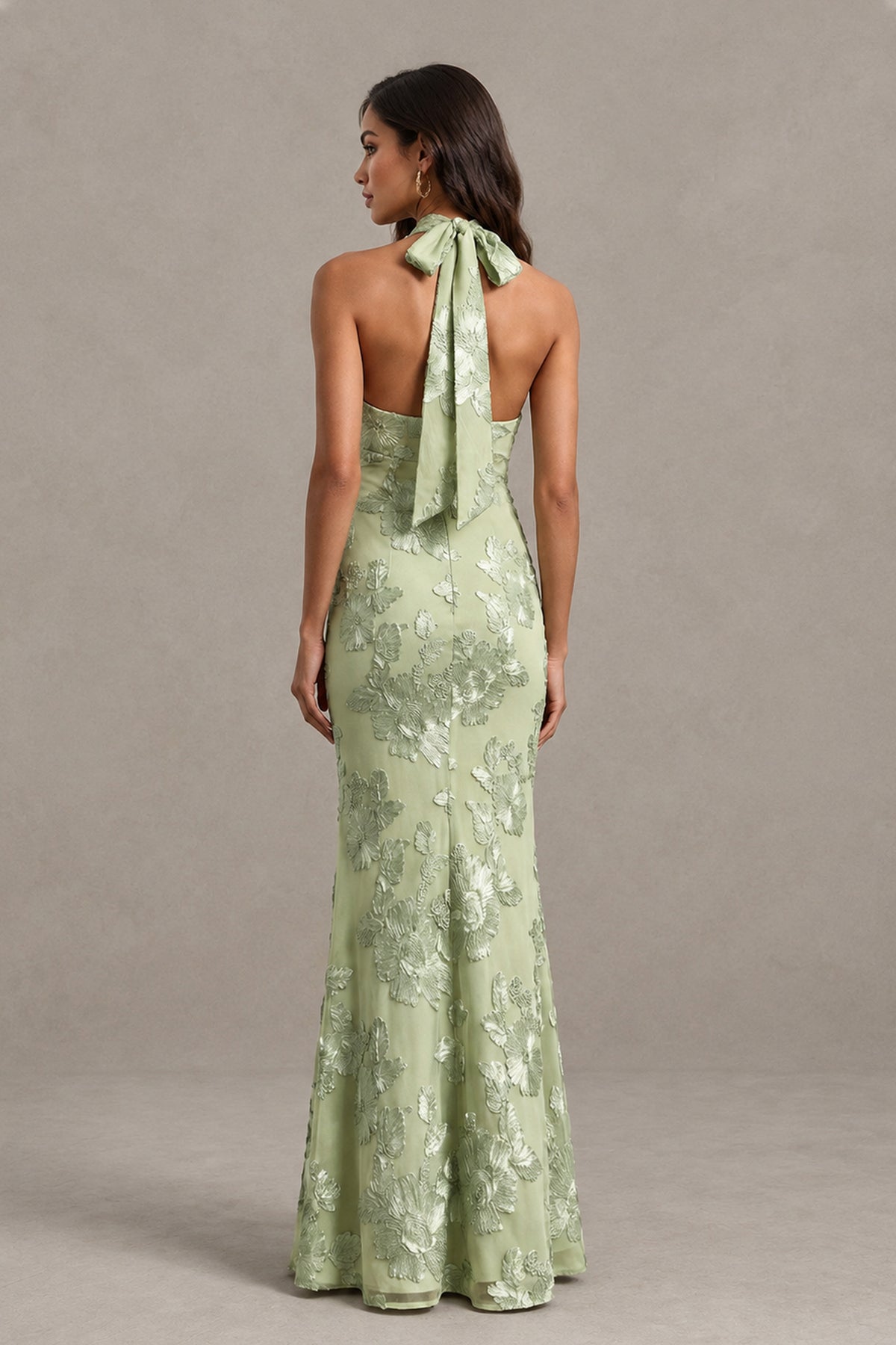 BOLODOO sage green floral jacquard floor-length dress side view