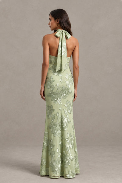 BOLODOO sage green floral jacquard floor-length dress side view