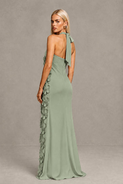 BOLODOO Sage Green Cross Halter Neck 3D Floral Appliqué Backless Mermaid Maxi Gown 
