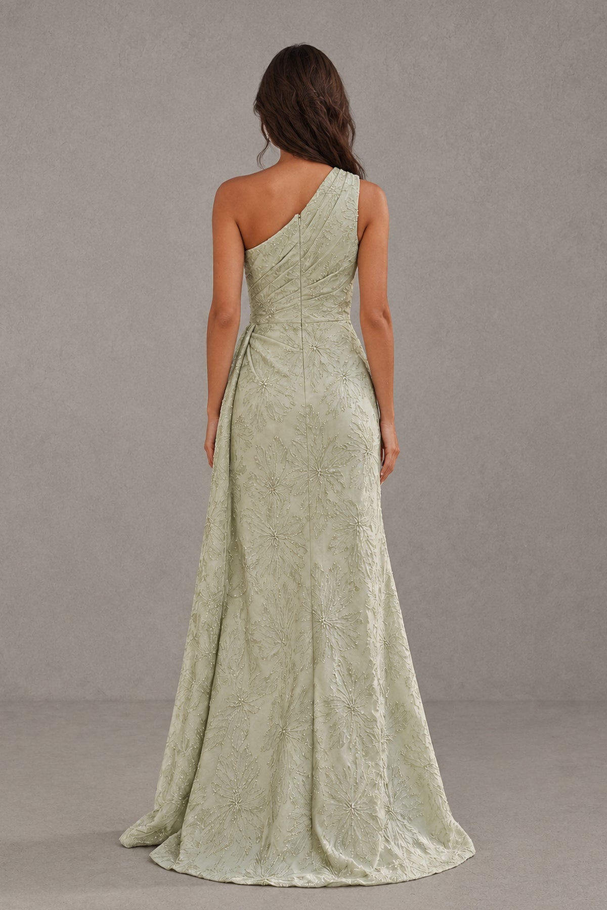 Alternate full-length front view of the BOLODOO sage green one-shoulder formal dress