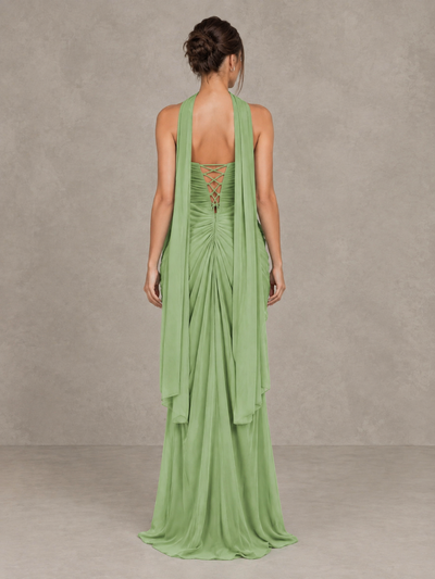 BOLODOO sage green sweetheart maxi dress with ruched waist, front slit and trailing scarf, three-quarter view