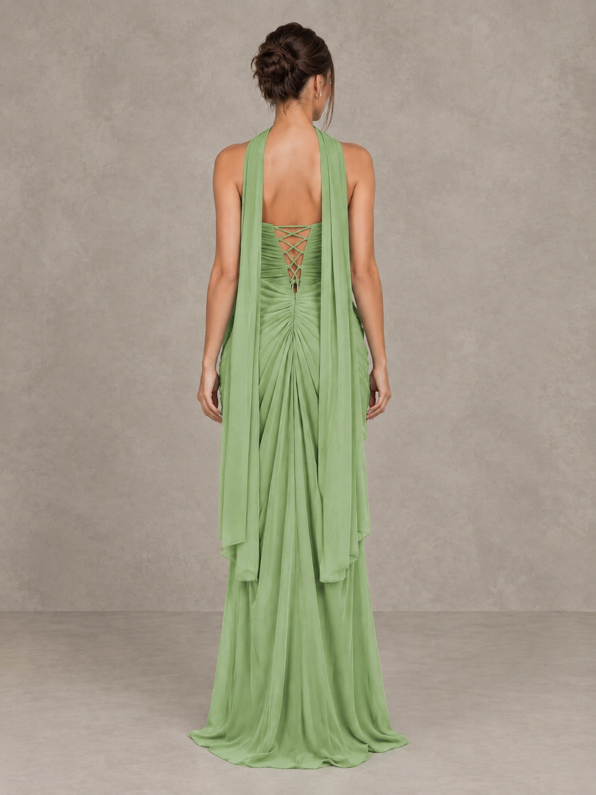 BOLODOO sage green sweetheart maxi dress with ruched waist, front slit and trailing scarf, three-quarter view