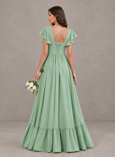 BOLODOO Sage Green Square Neck Flutter Sleeve Bridesmaid Dress with Slit 