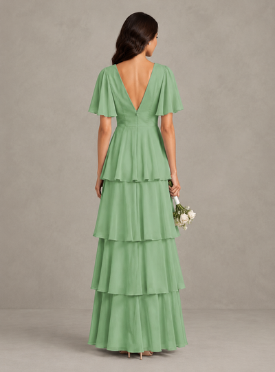 BOLODOO Sage Green Tiered Flutter Sleeve Bridesmaid Dress 