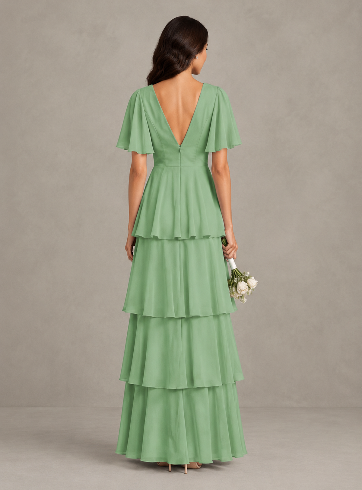 BOLODOO Sage Green Tiered Flutter Sleeve Bridesmaid Dress 