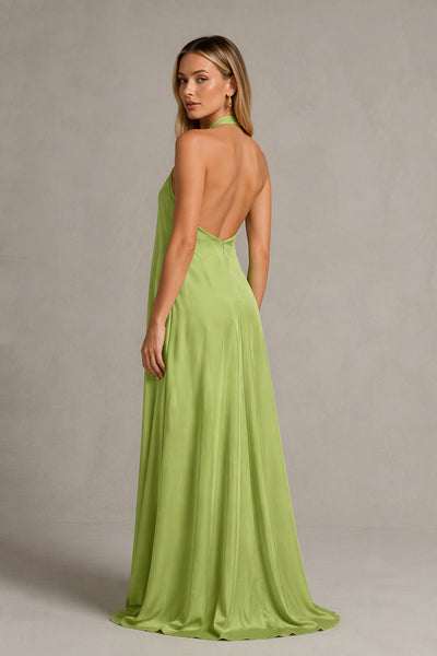 Front view of BOLODOO sage green backless halter satin bridesmaid dress with a floor-length flowing skirt
