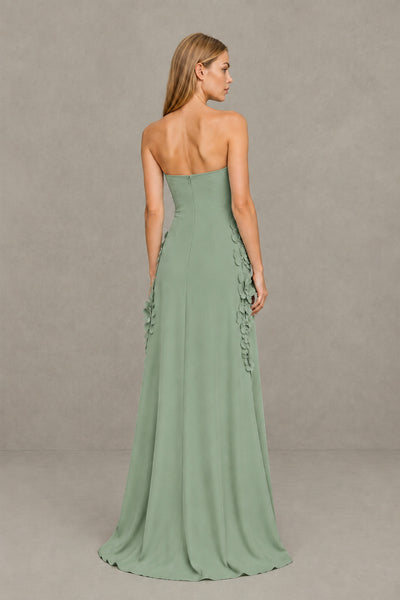 BOLODOO Sage Green Strapless 3D Floral Appliqué Crepe Maxi Gown 