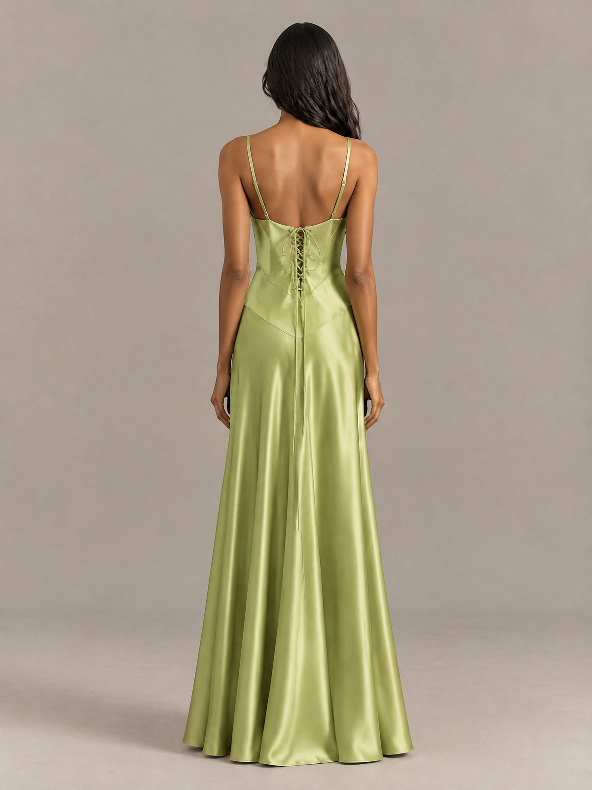 BOLODOO sage green satin-look lace-up back maxi dress with spaghetti straps and fitted bodice, front view