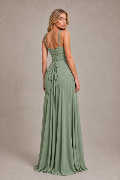 BOLODOO Sage Green Spaghetti Strap Ruched Maxi Dress – Formal Evening Gown with Slit 