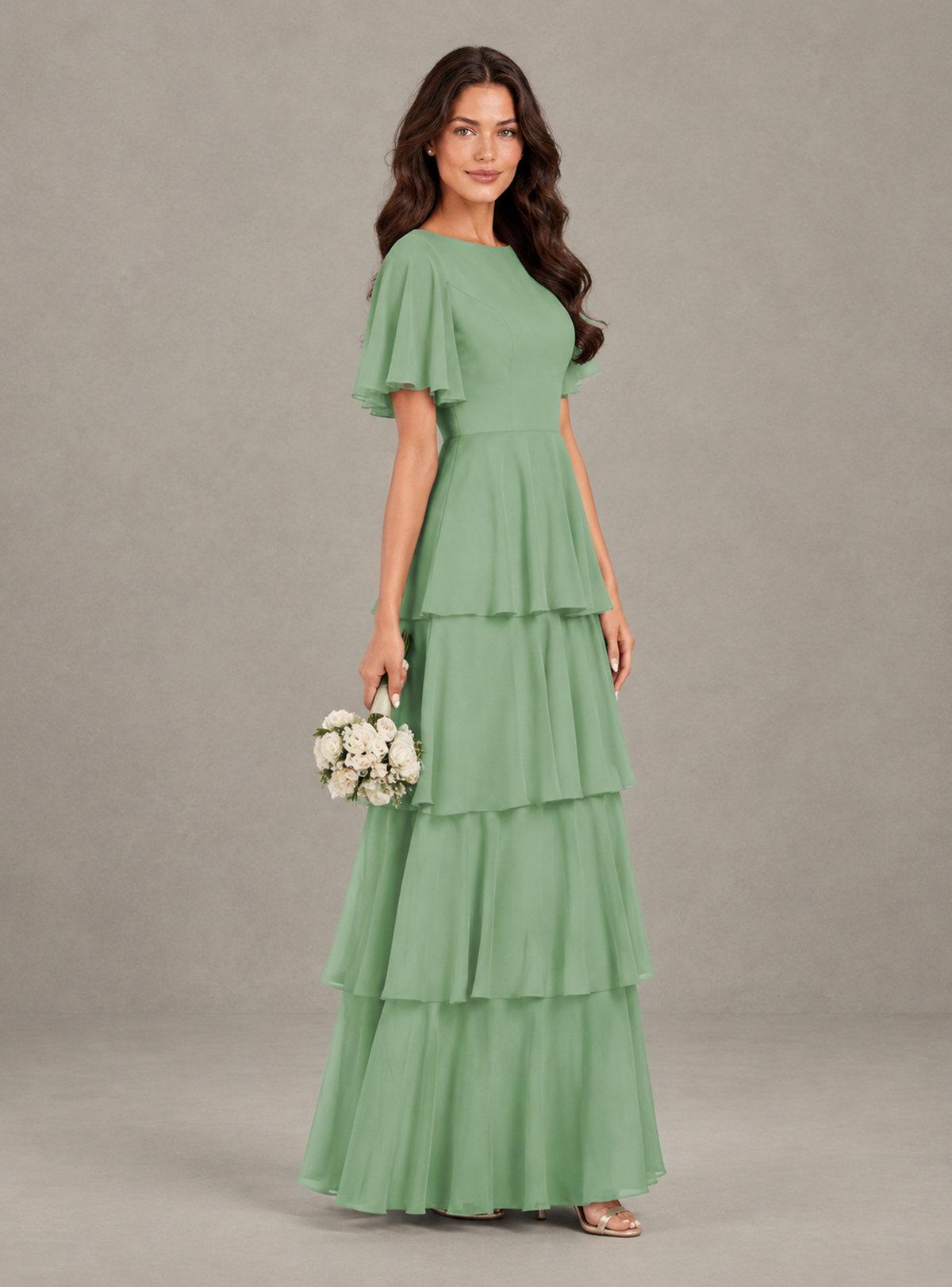 BOLODOO Sage Green Tiered Flutter Sleeve Bridesmaid Dress 