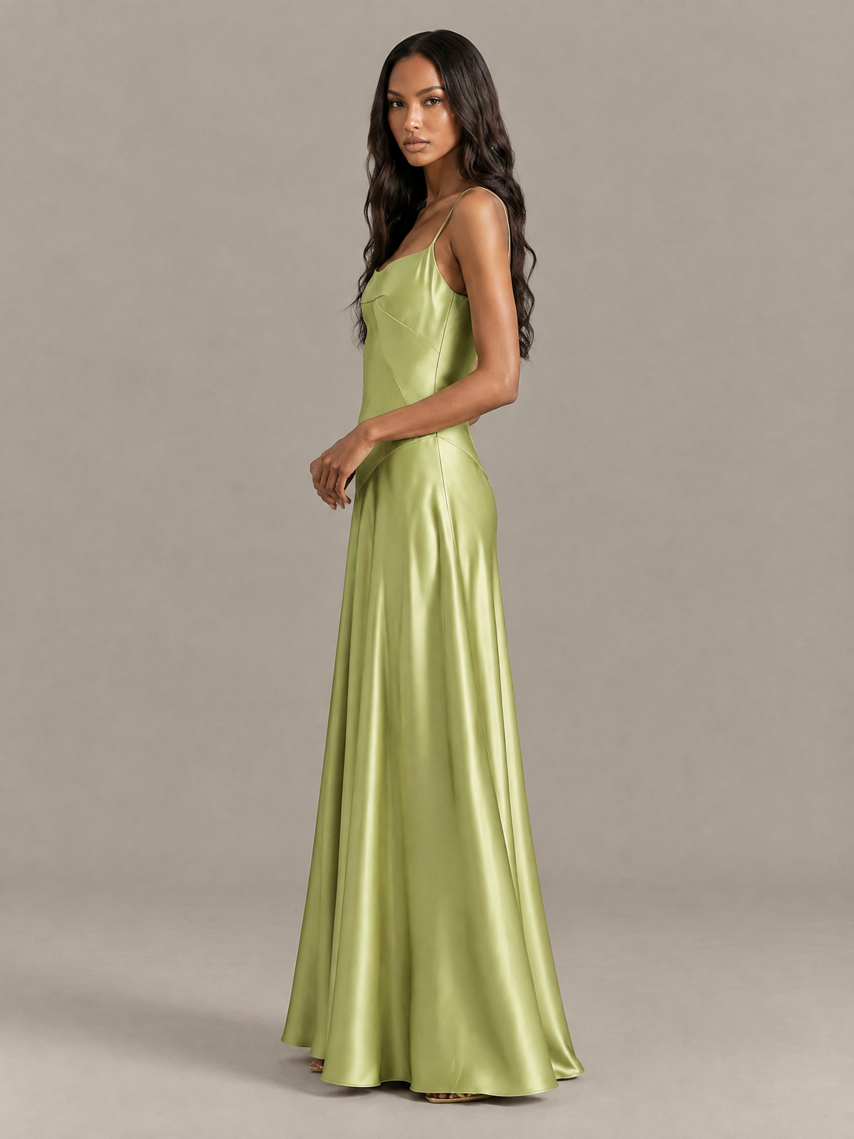 BOLODOO sage green sleeveless satin-look maxi dress with flowing floor-length skirt, side view