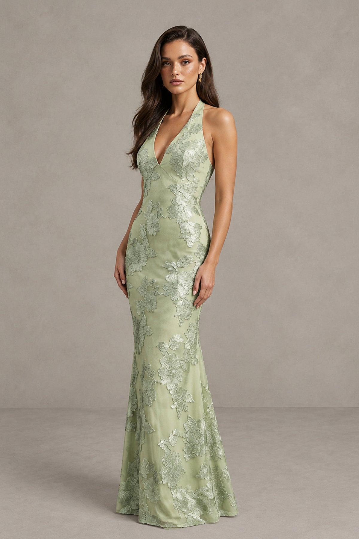 BOLODOO sage green floral jacquard halter maxi dress front view
