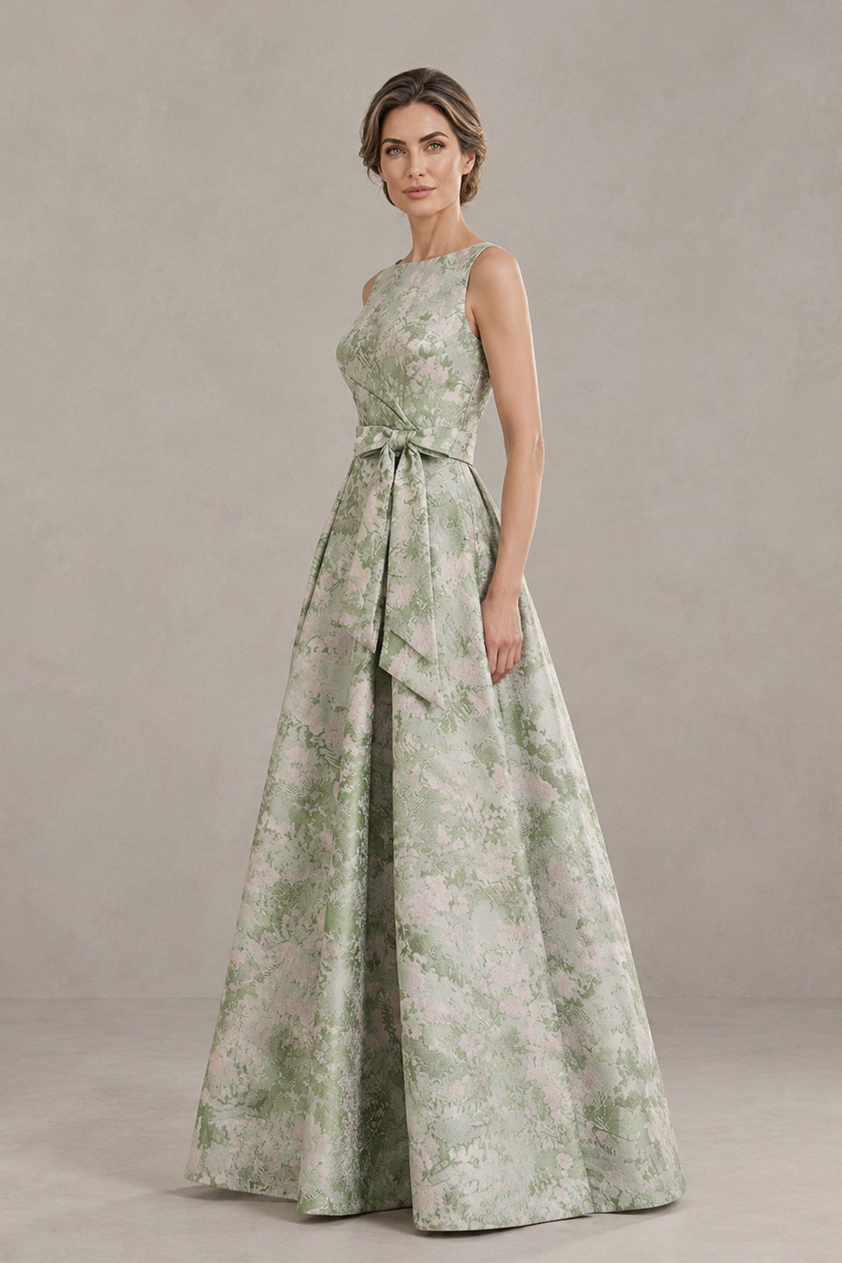 BOLODOO XX047 floral boat neck floor-length gown with waist bow and pleated skirt, side view