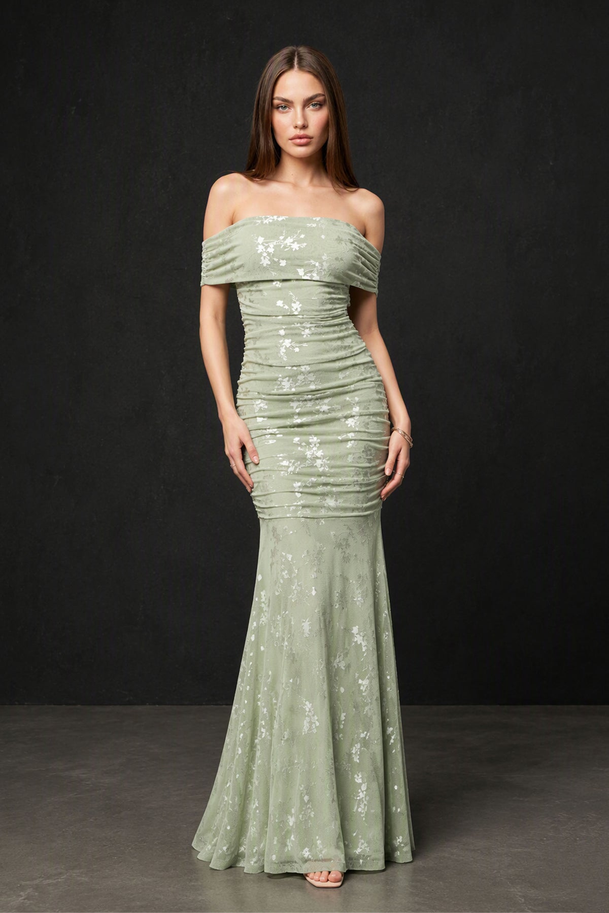 BOLODOO Sage Green Ruched Off-Shoulder Mermaid Maxi Dress - Front Full Length
