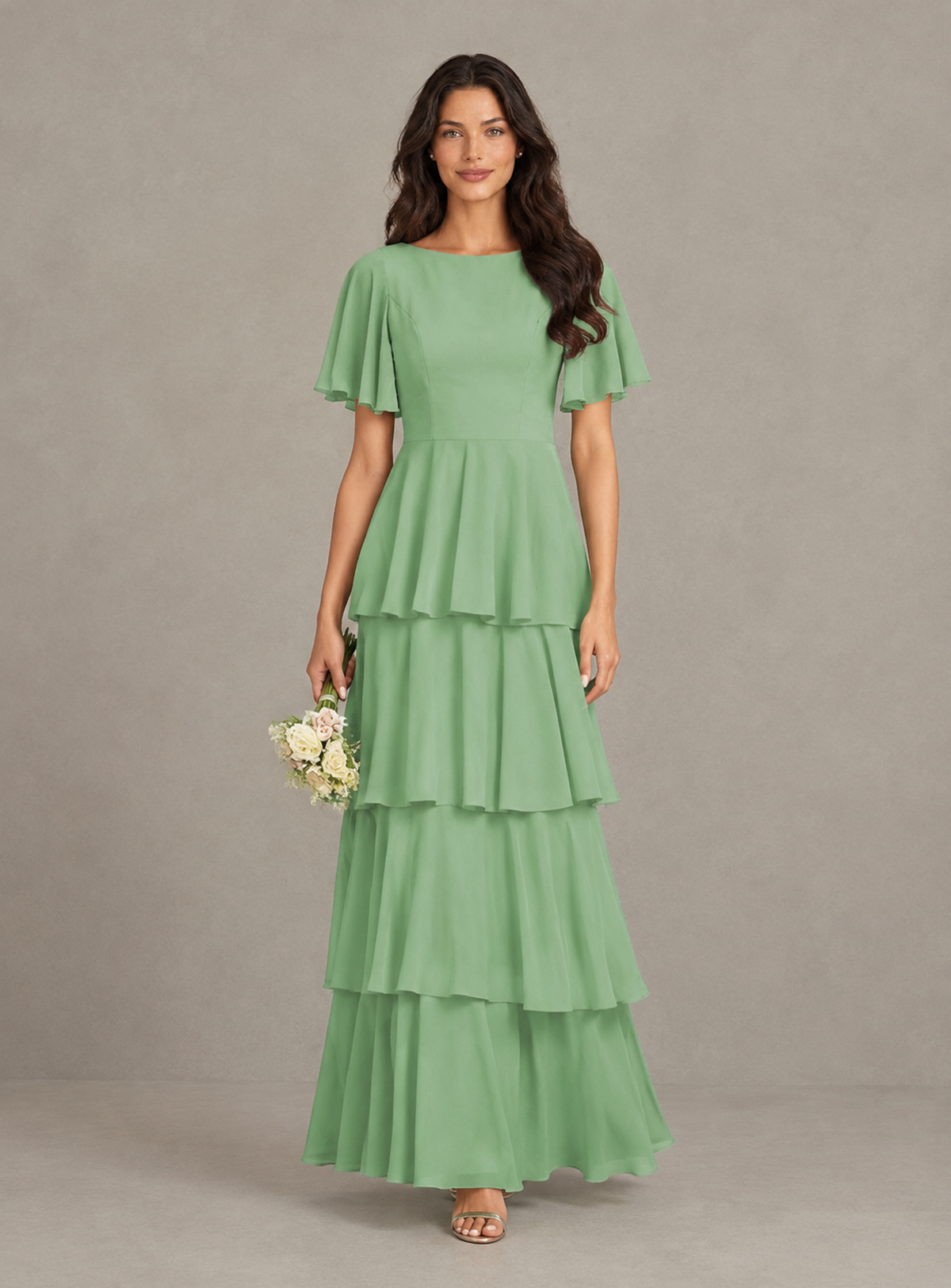 BOLODOO Sage Green Tiered Flutter Sleeve Bridesmaid Dress 