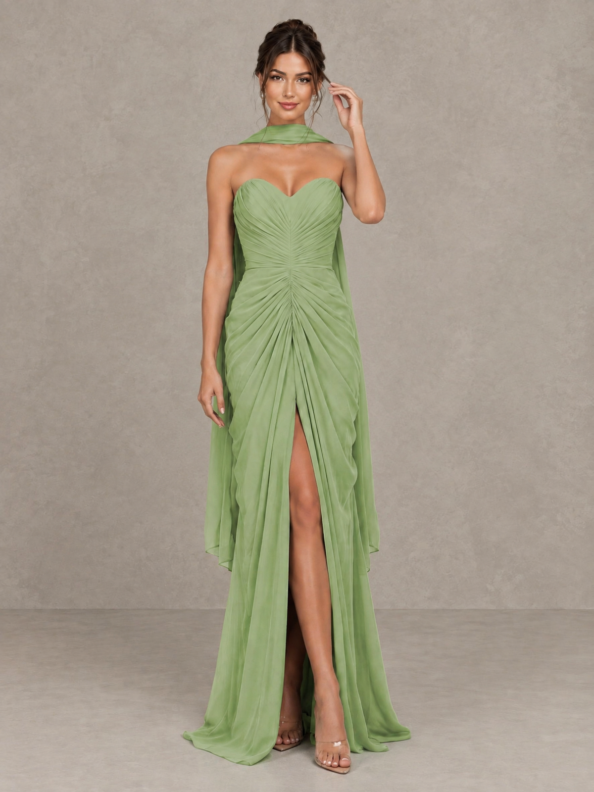 BOLODOO sage green maxi dress with open lace-up back and long draped scarf, rear view