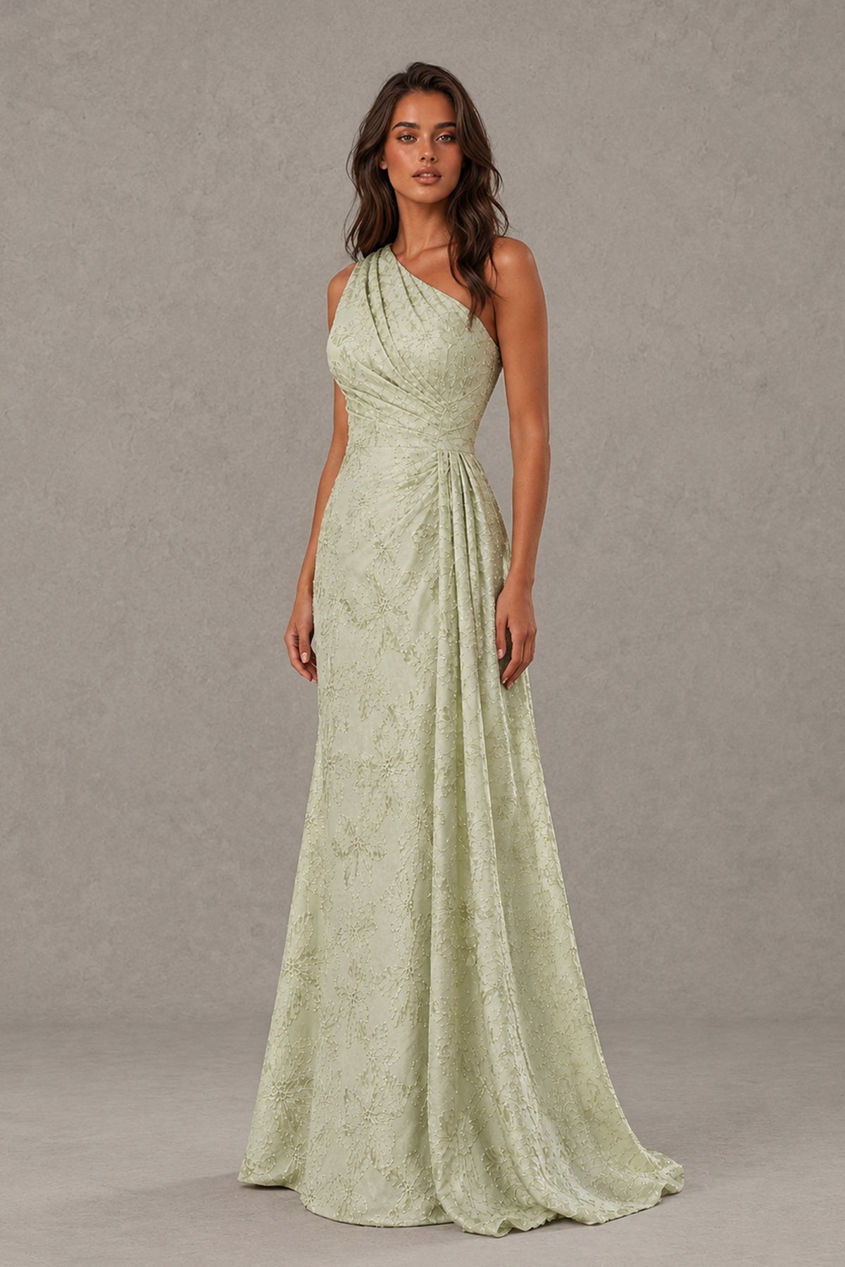 BOLODOO sage green one-shoulder formal gown with gathered waist and floor-length skirt, front three-quarter view