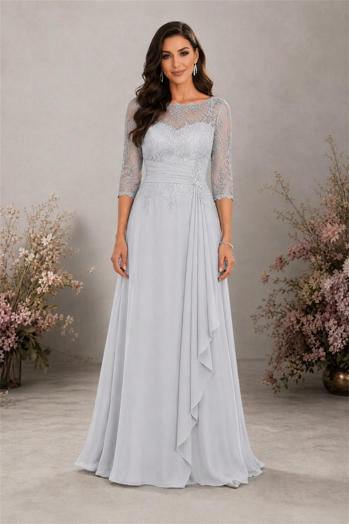 BOLODOO Silver Chiffon Lace 3/4 Sleeve Floor Length Formal Evening Gown - Silver