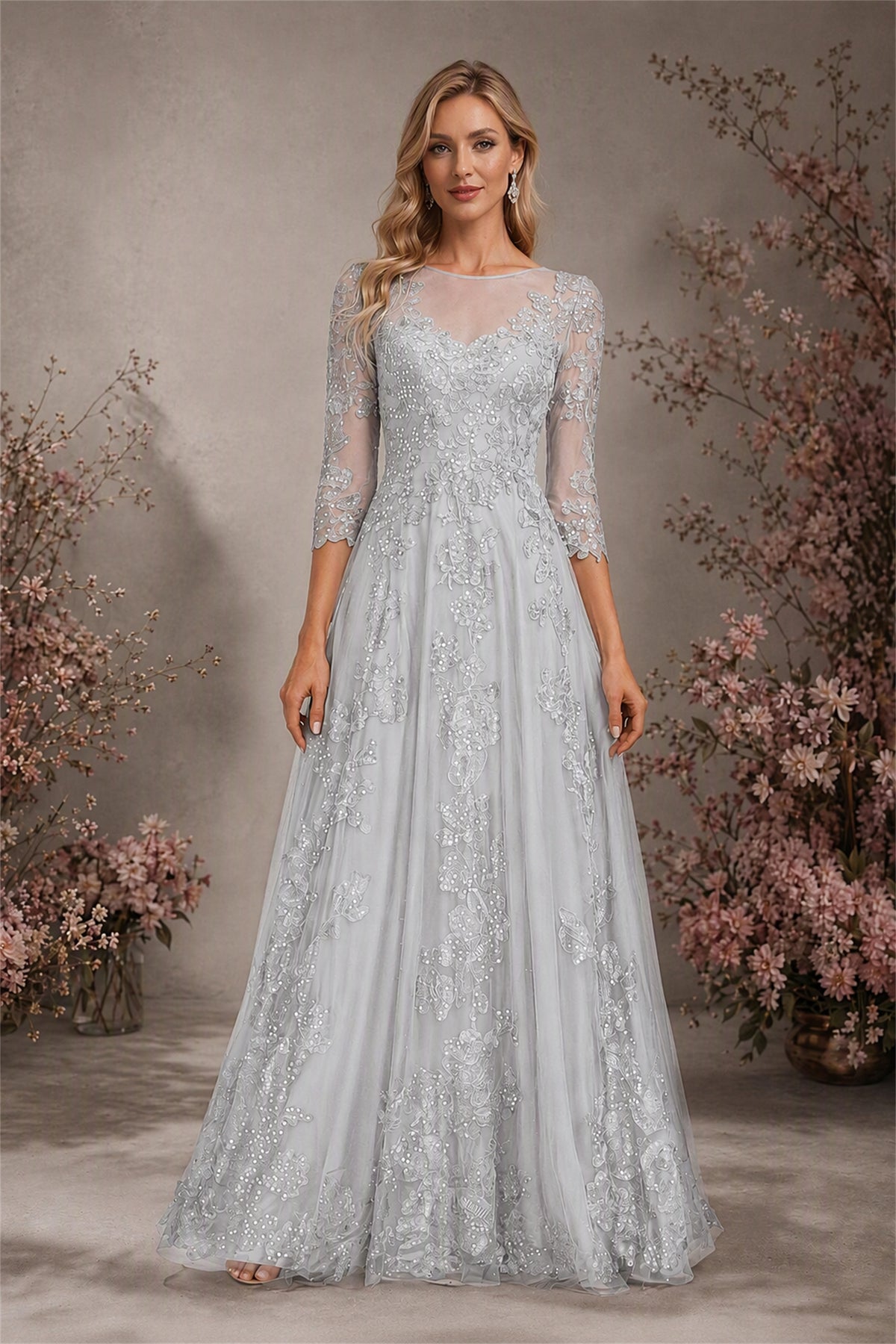 BOLODOO Silver Sequin Lace 3/4 Sleeve Open Back Formal Evening Gown - Silver