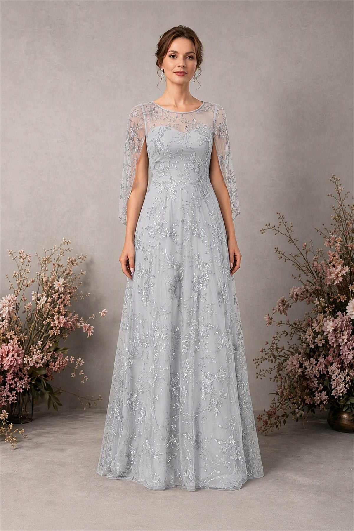 BOLODOO Silver Sequin Lace Cape Sleeve Formal Evening Gown - Silver