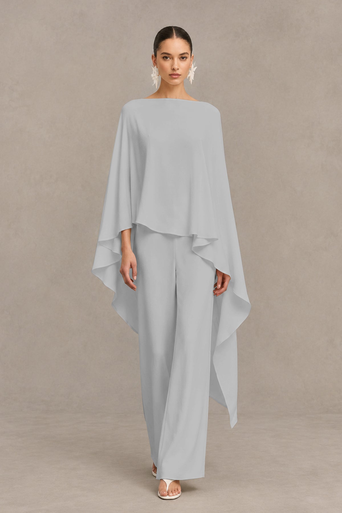 BOLODOO Silver Cape Sleeve Wide-Leg Formal Pantsuit - Silver - Silver_01