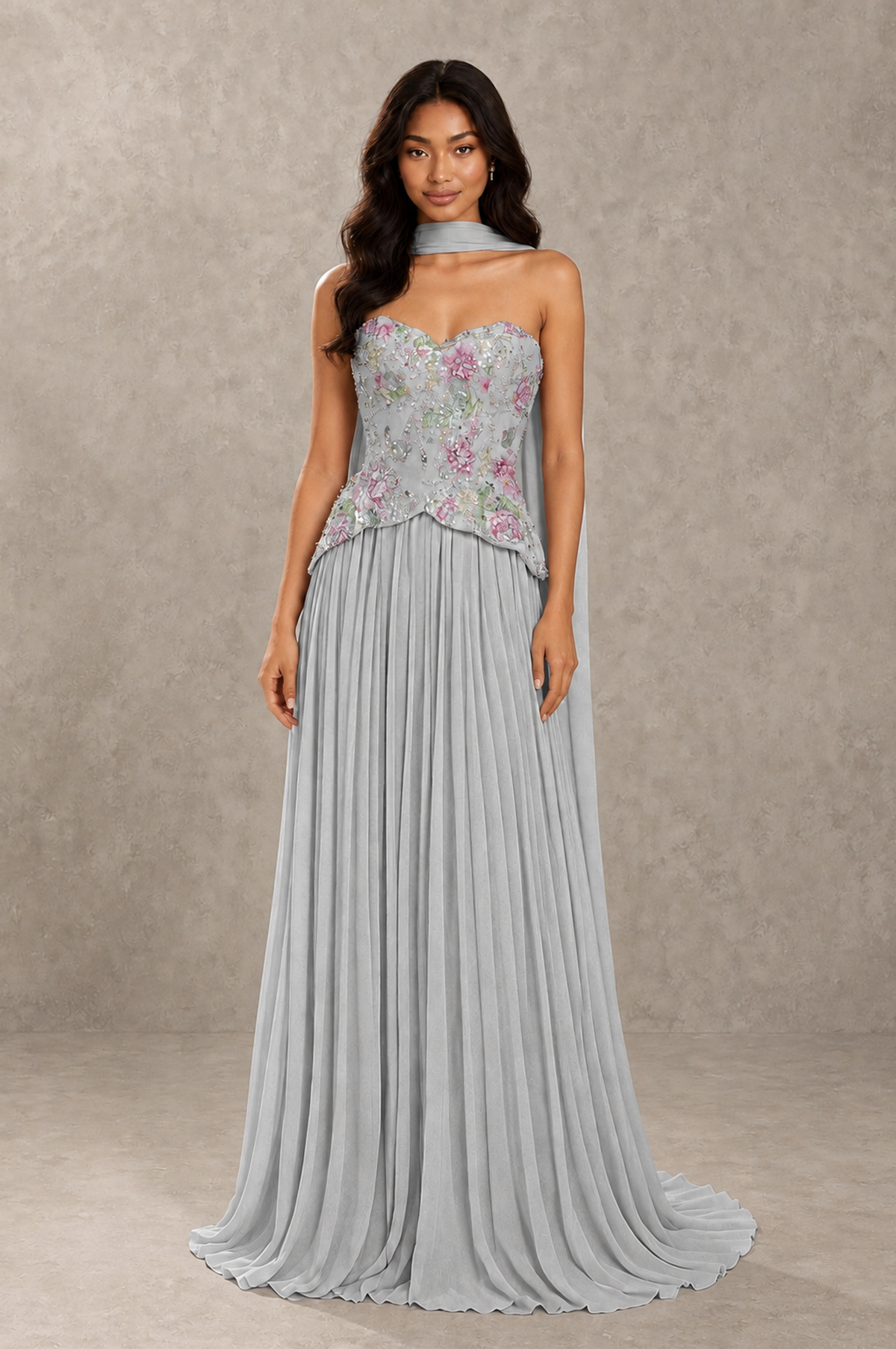 BOLODOO Silver Strapless Beaded Floral Corset Chiffon Maxi Gown – Open Back Prom & Formal Evening Dress - Silver - Silver_01