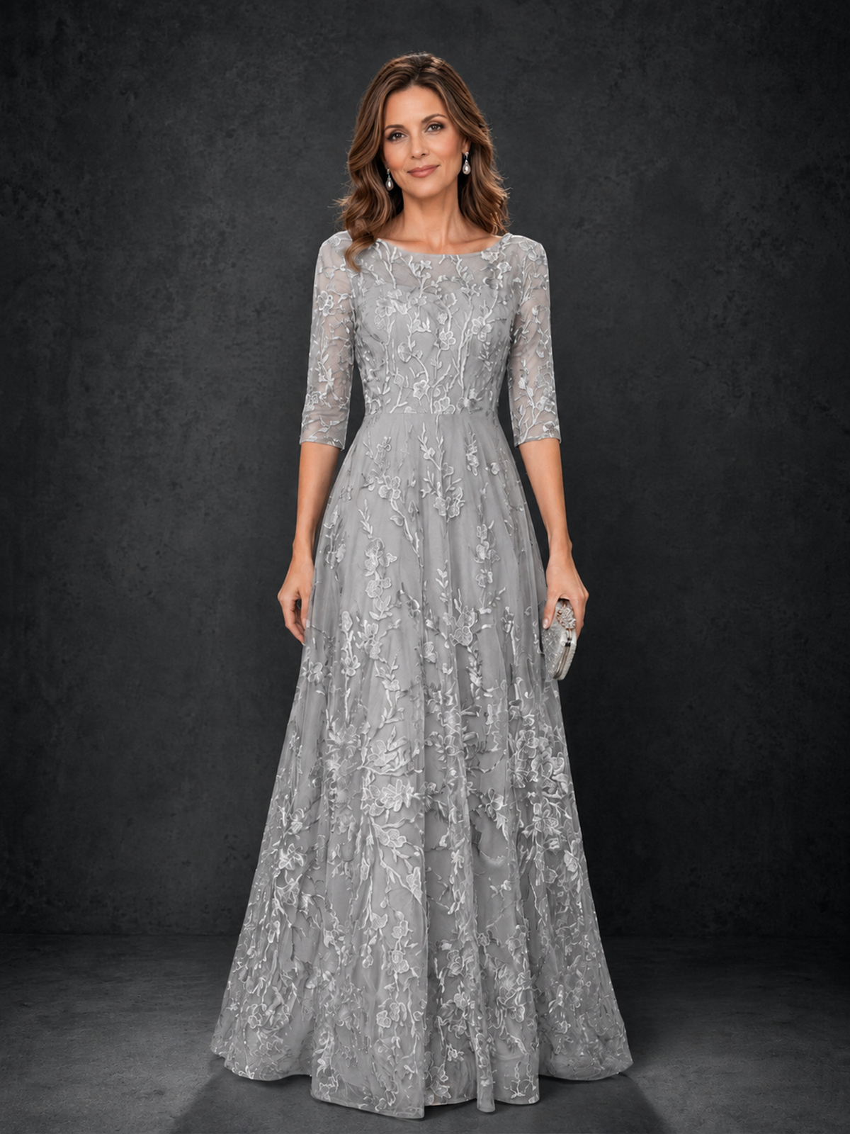 BOLODOO Silver Illusion Bateau Neck 3/4 Sleeve Floral Lace A-Line Mother of the Bride Dress MX007 - Silver - Silver_01