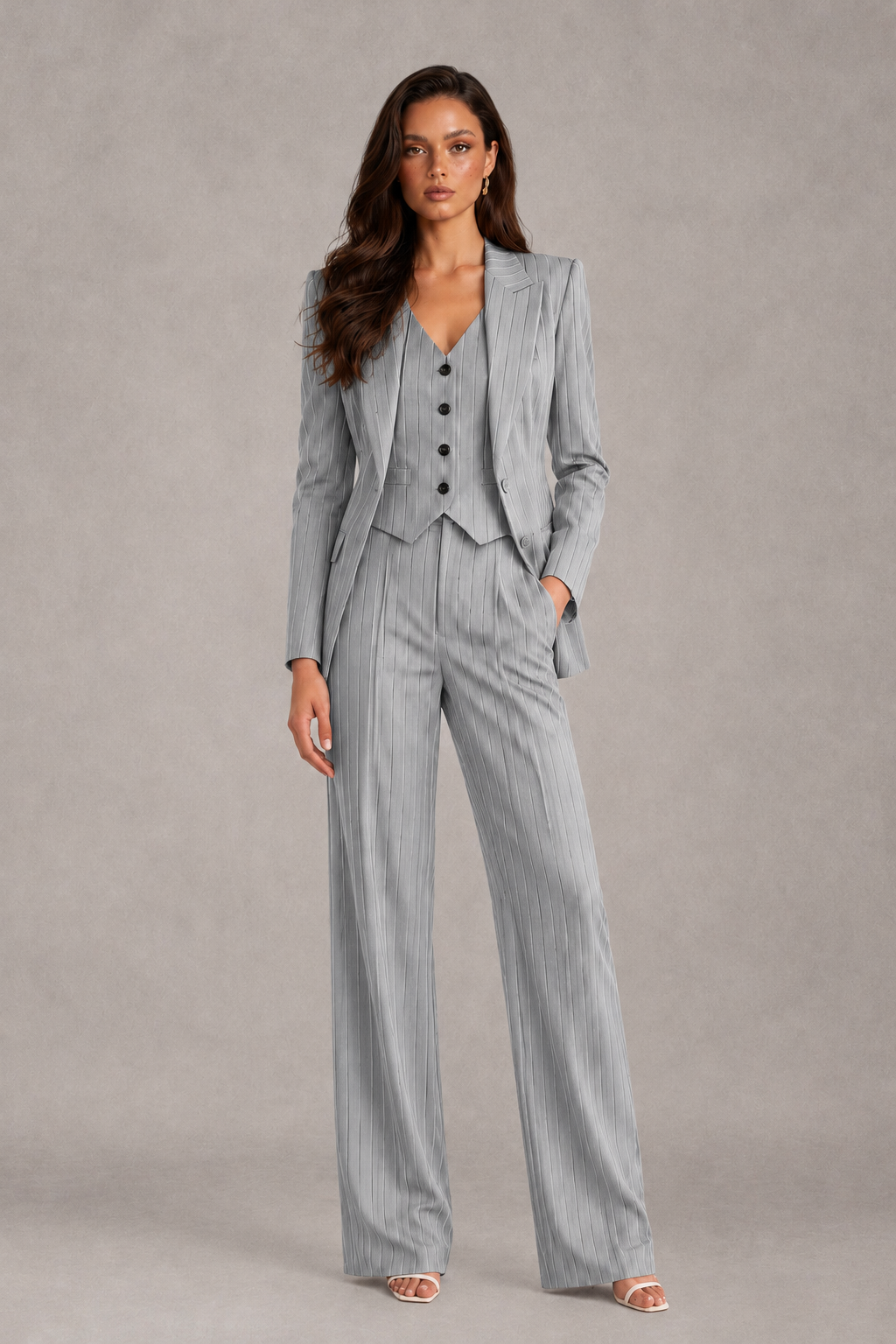 BOLODOO Women's Silver Pinstripe Three-Piece Pantsuit with Wide-Leg Trousers - Silver - Silver_01